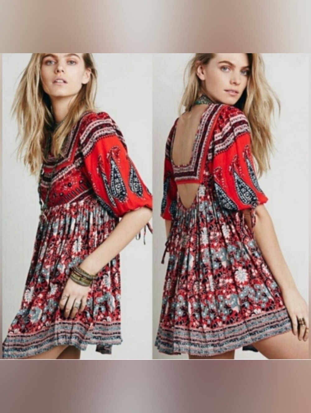 Free People Midsummers Dream Mini Tunic Dress Square Neck Poppy Combo Floral- S